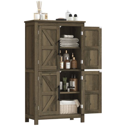 Homcom - Farmhouse Bathroom Storage Cabinet with 4 Barn Doors, Bathroom Floor Cabinet with 2 Adjustable Shelf - Brown-Front_Standard 