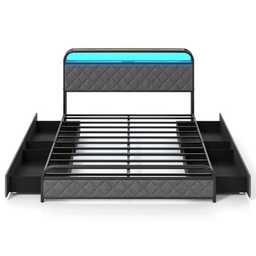 Costway - Queen Size Bed Frame with LED Lights & Charging Station Storage Headboard - Black