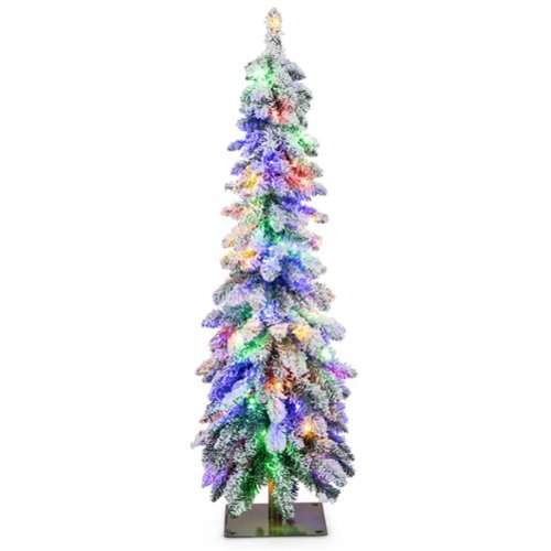 Costway - 4 FT Pre-Lit Slim Christmas Tree Flocked Xmas Decoration 11 Modes 100 LED Lights - Green /White