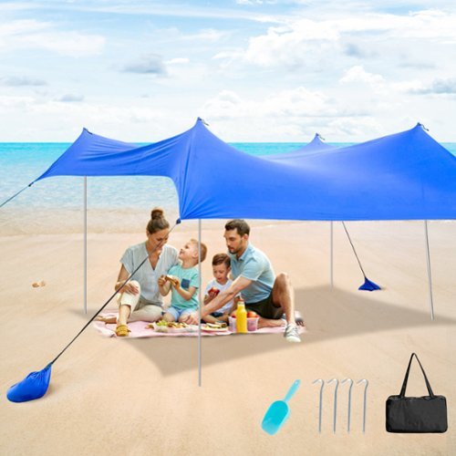 Costway - Family Beach Tent Canopy with 4 Poles Sandbag Anchors 10'x9' UPF50+ - Blue-Front_Standard 