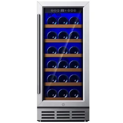 Front. SIMZLIFE - 15 In Under-counter Wine Refrigerator, Digital Temperature Control, Freestanding Chiller with Removable Shelves - Silver.