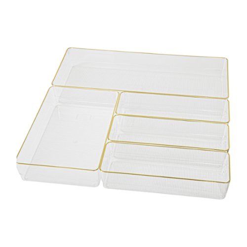 Martha Stewart - Kerry Set of 5 Plastic Stacking Office Desk Drawer Organizers with Gold Trim - Clear/Gold Trim