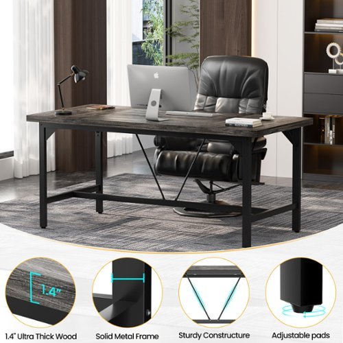 Aheaplus - 63" Heavy Duty Computer Desk: 1.4" Wood Desktop & Metal Frame, 2-Person Workstation for Home Office - Gray Oak-Front_Standard 