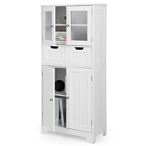 Ecooso - 4-Door Freestanding Bathroom Storage Cabinet with 2 Drawers and Glass Doors Organizer - White-Front_Standard 