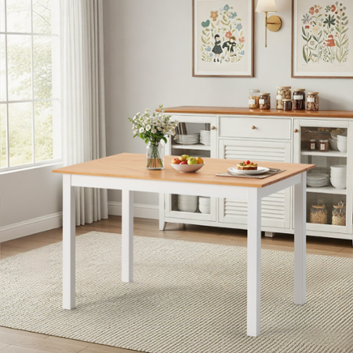U-HOMY - Premium Knot-Free Solid Wood Dining Table – Minimalist Modern 4-Seater Kitchen Table Set - Natural Wood, White-Front_Standard 