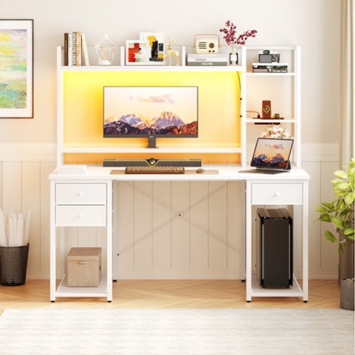 Aheaplus - Computer Desk with Hutch, Gaming Desk with Drawers, LED Lights, Outlets, and Monitor Stand - White-Front_Standard 