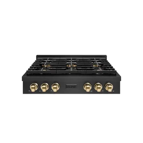 Front. ZLINE - ZLINE Autograph 36 in. 6 Burner Paramount DuoPro Gas Rangetop in Black Satin Steel and Gold Accents (PSRTBSZ-36-G) - Black Satin Stainless Steel.