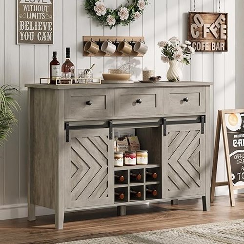 GARVEE - 47 in Farmhouse Sideboard Buffet Cabinet with Wine Rack & Drawers, Wood Wine Bar Cabinet with Sliding Barn Doors, Grey - Gray-Front_Standard 