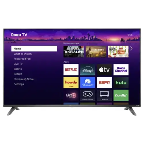 Roku TV  
9:26  
Recommended  
Home  
What to Watch  
Featured Free  
Live TV  
Sports  
Search  
Streaming Store  
Settings  

Apps  
NETFLIX  
Disney+  
Apple TV  
Roku Channel  
howdy  
Paramount+  
ESPN  
hulu  
Live TV Guide  
Game Console  
Cable Box  
frndly