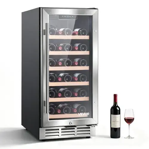 Front. VEVOR - 15 inch Wine Fridge 30-Bottle Wine Cooler Refrigerator for Home Bar, Under Counter Built-in or Freestanding Compressor - Black;Silver.