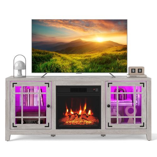 Costway - 58" Fireplace TV Stand with LED Lights & 18" Electric Fireplace, Remote Controls - Light Gray-Front_Standard 