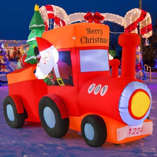 Costway 8 FT Christmas Inflatable Santa Train Decoration with Santa Claus Deer & Gift Box