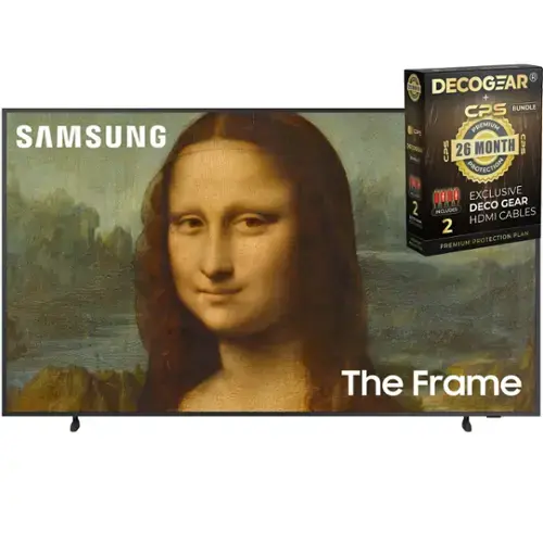 SAMSUNG  
The Frame  

DECOGEAR + CPS BUNDLE  
PREMIUM  
26 MONTH PROTECTION  
EXCLUSIVE DECO GEAR  
INCLUDES HDMI CABLES  
2 PLAN  
PREMIUM PROTECTION PLAN