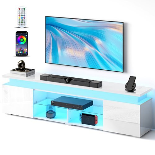 Skyzoo - Modern TV Stand for 50-85" TVs, Entertainment Center with LED Lights, Power Outlet & Storage - White-Front_Standard 