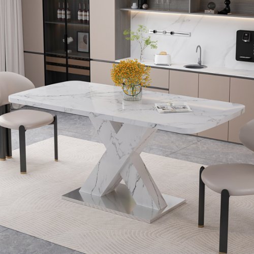 Tiramisubest - Modern Square Dining Table, Stretchable, Printed Marble Table Top + MDF X-Shape Table Leg with Metal Base - White-Front_Standard 