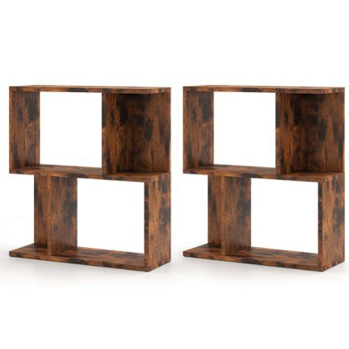 Costway 2 PCS 3-Tier Bookshelf Geometric Bookcase Side Table with Open Storage Display Shelf - Rustic Brown