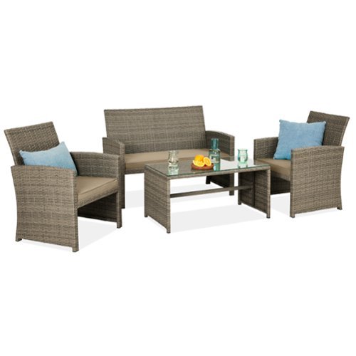 Best Choice Products - 4-Piece Outdoor Wicker Patio Conversation Furniture Set w/ Table, Cushions - Taupe/Desert-Front_Standard 