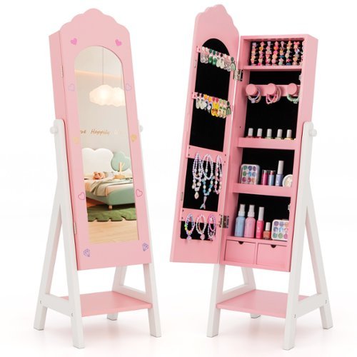 Costway - Kids Jewelry Cabinet with Full-Length Mirror, Freestanding Jewelry Armoire Organizer for Girls - Pink-Front_Standard 