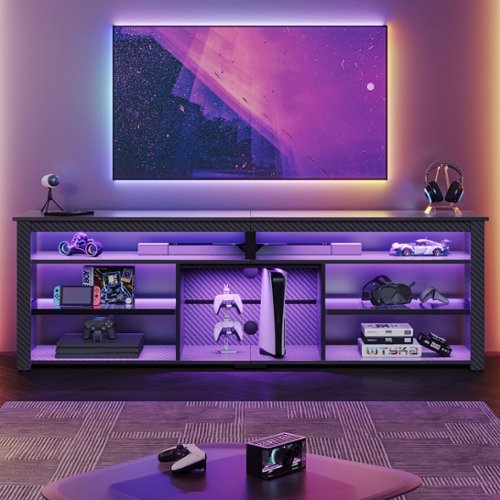 Bestier 70" Gaming TV Console for TVs up to 75" featuring LED Lighting Storage and Adjustable Shelves - Black Carbon Fiber