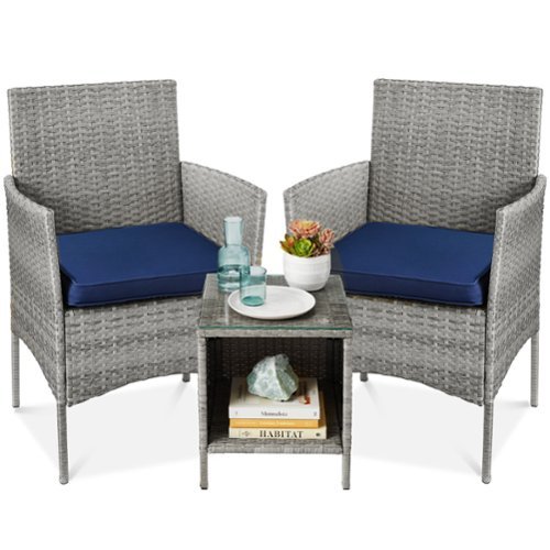 Best Choice Products - 3-Piece Outdoor Wicker Conversation Patio Bistro Set, w/ 2 Chairs, Table - Gray/Navy-Front_Standard 