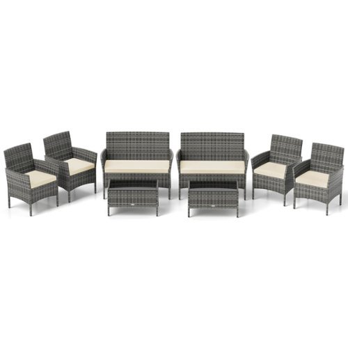 Costway - 8 PCS Patio Furniture Set with Washable Cushions and Tempered Glass Coffee Table - Beige-Front_Standard 