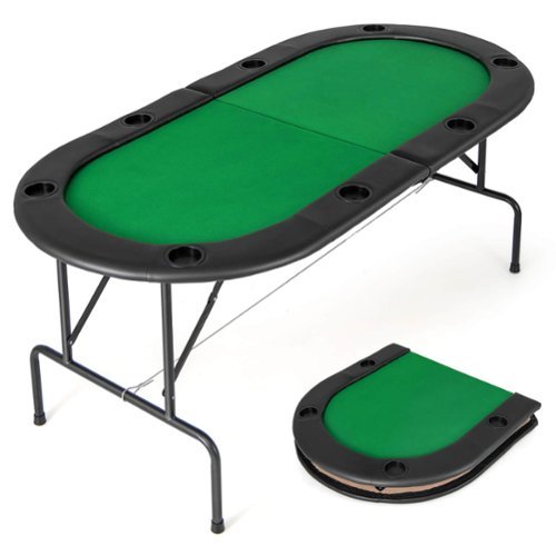 Costway - 8 Players Poker Table with 8 Cup Holders & Comfy Armrests Smooth Felt Surface - Green-Front_Standard 
