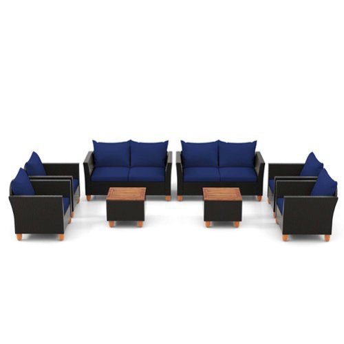 Costway - 8 PCS Wicker Patio Furniture Set with Removable Cushions Storage Coffee Table - Navy,Black-Front_Standard 