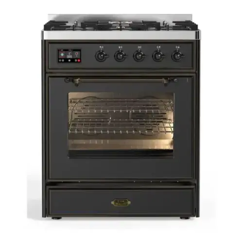 Front. ILVE - ILVE Majestic II Series  30 in. Dual Fuel Range with 5 Sealed Burners (Natural Gas, Burnished Trim) - Graphite Matte.