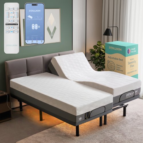 Renanim - SF Split King Adjustable Bed with 12" Cooling Gel Memory Foam Mattress, Massage, Zero Gravity Electric Bed - Gray-Front_Standard 