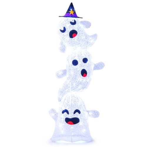 Costway 4 FT Lighted Stacked Ghosts Standing Halloween Decoration with 120 LED Lights and 4 Metal Ground Stakes - White