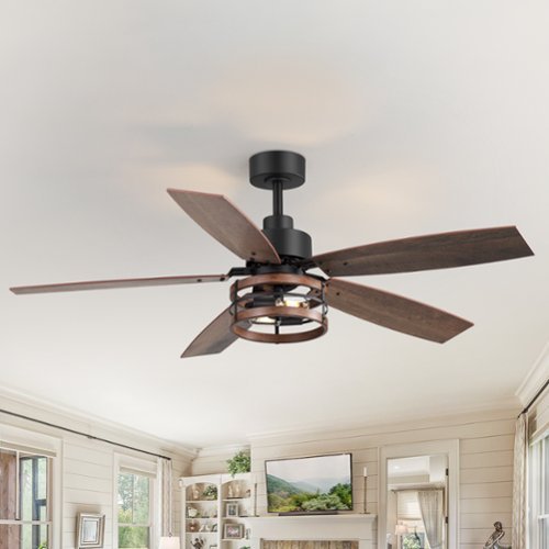 Breezary - 52'' Walnut Wood Indoor Ceiling Fan with Two-Tier Iron-Ring Lantern Shade, Timer, DC Motor, Remote & 6″ Downrod - Matte Black and Brown-Front_Standard 