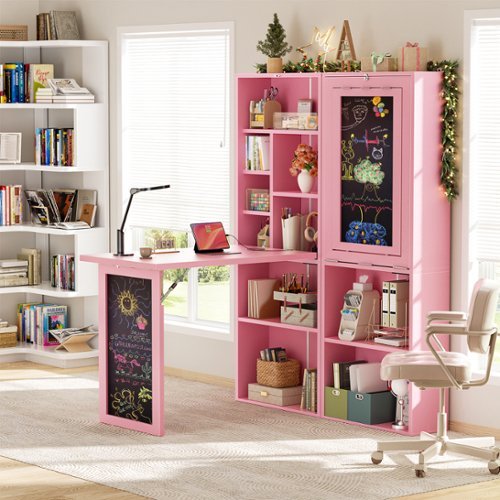 Aheaplus - Foldable Compact Desk: Built-in Outlets & Blackboard, Space-Saving Workstation for Home Office/Craft Room - Pink-Front_Standard 