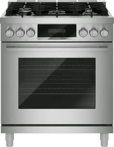 Front. Bosch - 800 Series 30 in. Wide 2.8 Cu. Ft. Industrial Style Dual Fuel True Convection Range with 5 Burners - Stainless Steel.