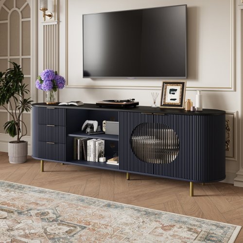 Anysun - 65 Inch Modern TV Stand, Fluted Media Console with Faux Marble Top, Gold Accents - Black-Front_Standard 