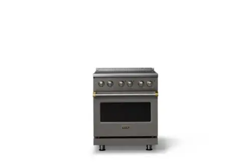 Front. Viking - 30 in. Wide 4 Elements Pro 5 Series 4.7 Cu.Ft. Freestanding Electric Convection Range Brushed Brass Trim - Damascus Gray.