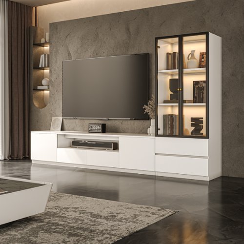 MSOOB - Entertainment Center for TV Up to 85'', Living Room Media Console Set Includes TV Stand and Glass Display Cabinet - White-Front_Standard 