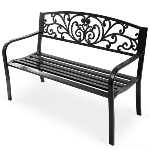 Costway - 50" Patio Park Garden Bench Porch Chair Steel Frame Cast Iron Backrest - Black-Front_Standard 