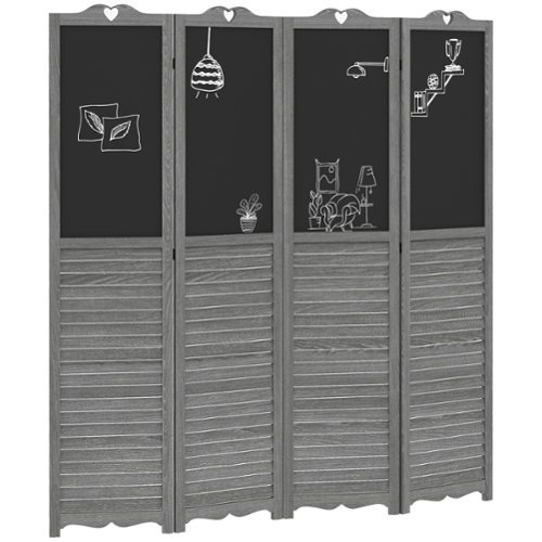 Homcom - Folding Room Divider with Blackboard, Tall Freestanding Privacy Screen Panels for Bedroom or Office - Gray-Front_Standard 