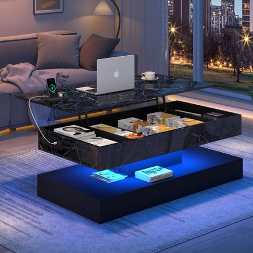 Lent Glitter Wood - 47.3" Large Lift Top Coffee Table with Charging Station & LED Lights, Black High Glossy LED Coffee Table with Hidden Com - Black Marble-Front_Standard 