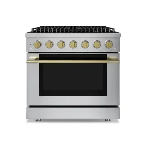 Front. Hauslane - HausPro 36 in. 6 Burners Gas Range in Satin Brass with 20,000 BTU and Convection Oven with 5 Rack Positions - Satin Brass.