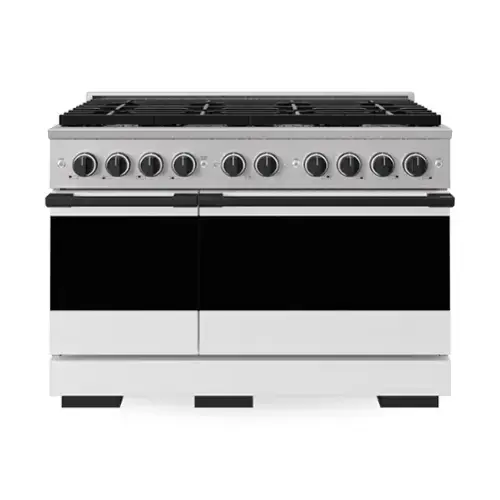 Front. ZLINE - Autograph 48 in. 6.7 cu. ft. Marino Dual Fuel Freestanding Range with 8 Gas Burner Cooktop with White & Black Accents - White Matte.