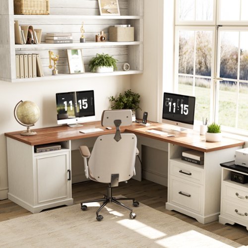 Aheaplus - L Shaped Desk with Charging Station, 60'' Computer Desk Workstation with File Cabinet and Drawers for Home & Office - White & Walnut-Front_Standard 