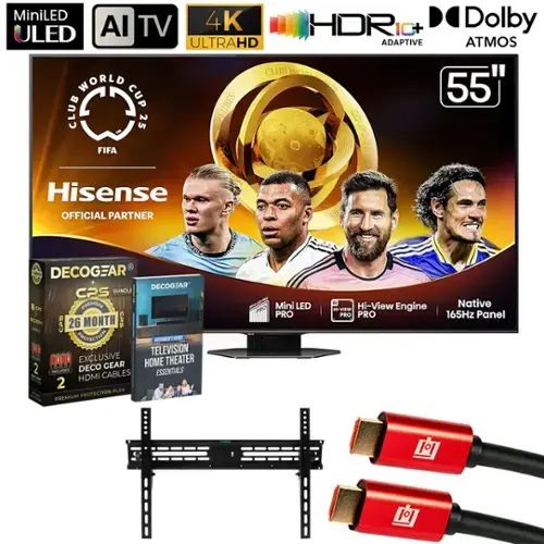 Sure, here is the corrected and grouped text from the image:

---

**MiniLED ULED AI TV**

- **4K ULTRAHD**
- **HDRic+ ADAPTIVE**
- **Dolby ATMOS**

**55"**

**CLUB WORLD CUP 25**
- **FIFA**
- **Hisense OFFICIAL PARTNER**

**Mini LED PRO**
- **Hi-View Engine PRO**
- **Native 165Hz Panel**

**DECOGEAR CPS BUNDLE**
- **26 MONTH CPS PROTECTION**
- **EXCLUSIVE DECOGEAR ESSENTIALS**
  - **TELEVISION HOME THEATER**
  - **2 HDMI CABLES**
  - **PREMIUM PROTECTION PLAN**

**DECOGEAR**
- **REGENERATE YOUR HOME THEATER**

**EXCLUSIVE HOME THEATER ESSENTIALS**
- **2 HDMI CABLES**

**PREMIUM PROTECTION PLAN**

---

This text is organized to reflect the features and components of the product as shown in the image.