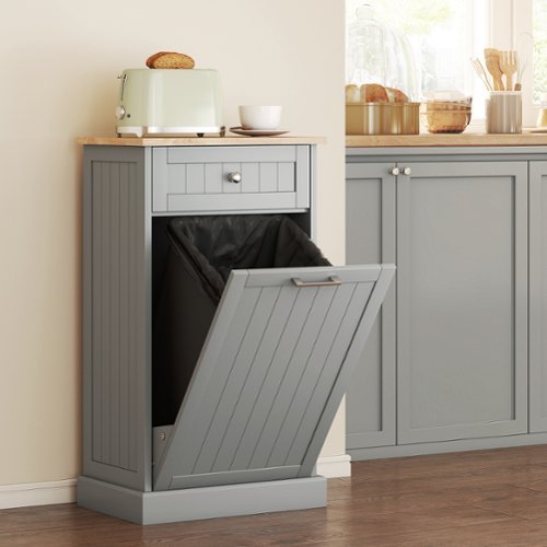 Homcom - Kitchen Tilt Out Trash Bin Cabinet Free Standing Recycling Cabinet Trash Can Holder With Drawer - Gray-Front_Standard 