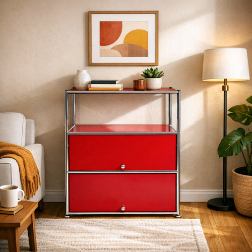 Malletson - 3-Tier Modular Metal Sideboard Buffet, Modern Storage Accent Cabinet with Doors for Kitchen Dining Room - Red-Front_Standard 