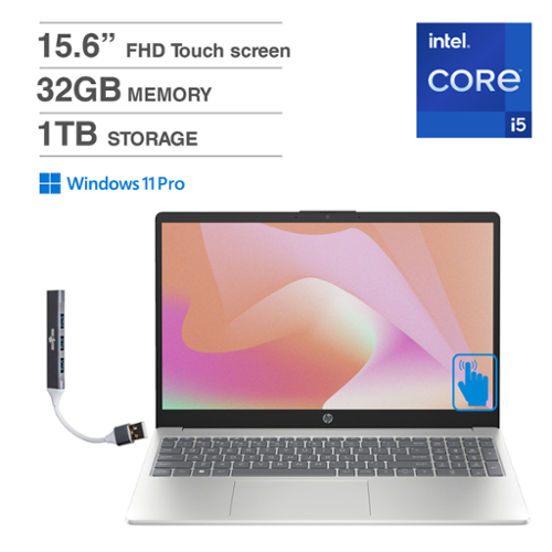 HP - 15t-fd000 Laptop 15.6 FHD (Intel i5-1334U, 32GB DDR4, 1TB PCIe SSD, Intel UHD, Win 11 Pro) w/USB Hub - Natural Silver-Front_Standard 