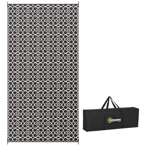Outsunny - Outdoor Rug for Patio, 9' x 18' Waterproof Large Mat, Reversible Plastic Straw Rug for Décor - Black and White Clover-Front_Standard 