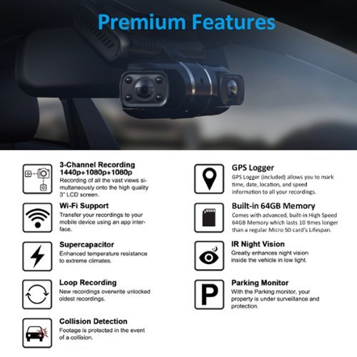 Rexing S1 PRO 1080p 3-Channel Wi-Fi Dash Cam with Built-in GPS and 64GB Internal Memory - Black WORLDWIDE DELIVERY