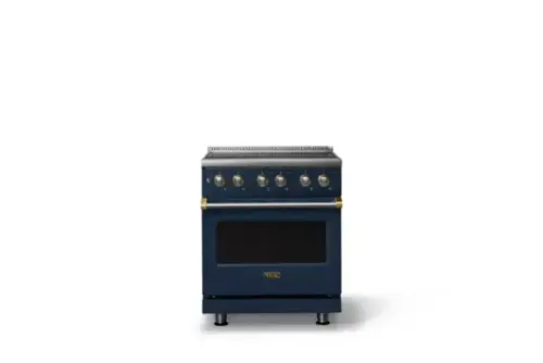 Front. Viking - 30 in. Wide 4 Elements Pro 5 Series 4.7 Cu.Ft. Freestanding Electric Convection Range - Slate Blue w. Brushed Brass Trim - Slate Blue.