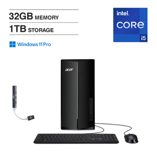 Acer - Upgraded - Aspire Desktop (Intel i5-14400, 32GB DDR5, 1TB PCIe SSD, Intel UHD, Win 11 Pro) w/USB Hub - Black-Front_Standard 